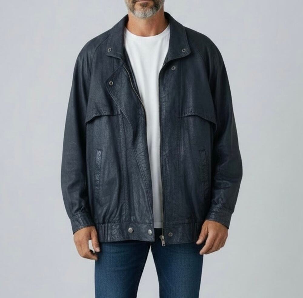 Express Mens Vintage 90s Leather Bomber Jacket Heavyweight Faded Black